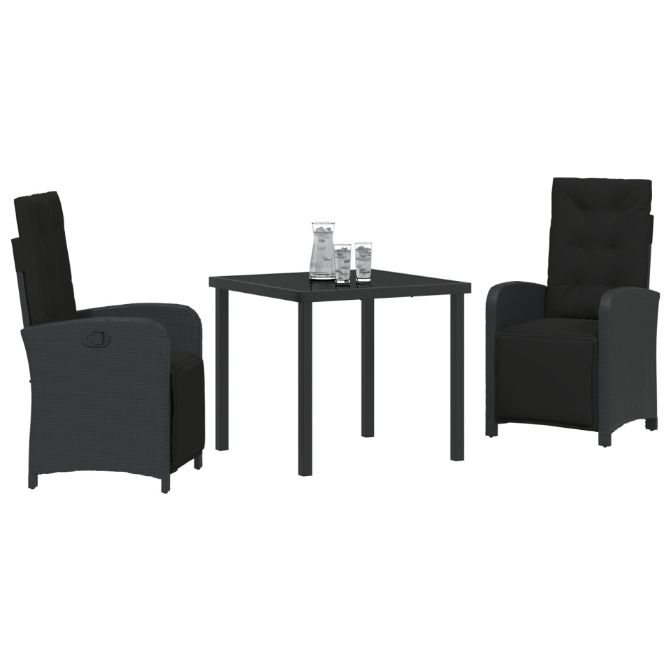 Set de dining pentru grădină cu perne poli-ratan negru, Masă de grădină neagră 80x80x73 cm sticlă securizată - 2 | YEO