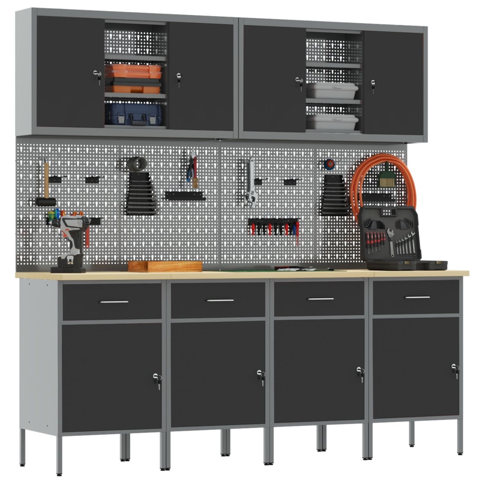 Set de dulap de lucru și panou cu cârlige 10 piese Negru MDF și metal - 2 | YEO