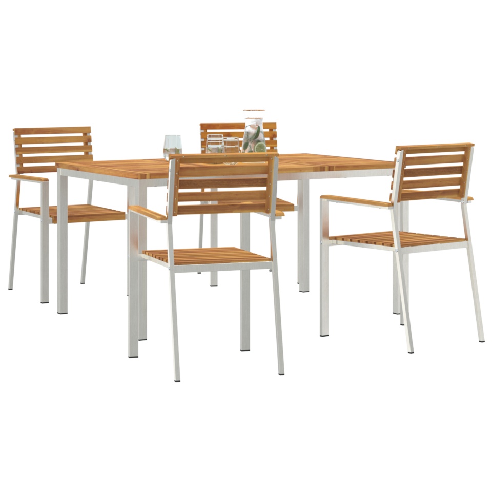 Set de Masă pentru Grădină 5 Piese Lemn Masiv de Acacia, Masă de Exterior 150x90x75 cm Lemn Masiv de Acacia, Scaune Grădină Stivuite 4 buc Lemn Masiv de Acacia și Oțel - 2 | YEO
