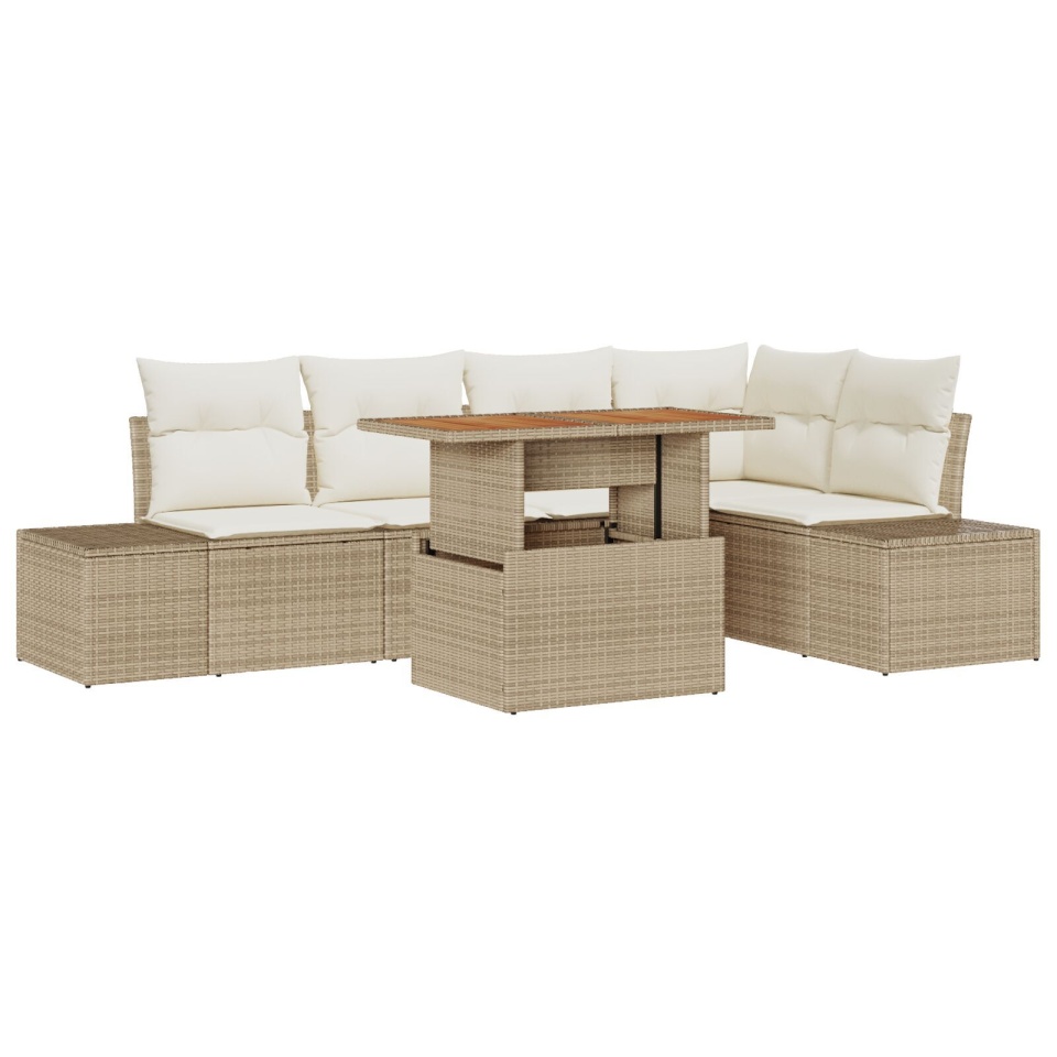 Set de Masă pentru Grădină 6 Piese cu Perne Bej Ratan Poly Acacia - 1 | YEO