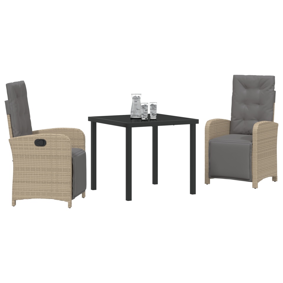 Set de Masă pentru Grădină cu 3 Piese și Perne Ratan Poli Bej, Masă pentru Grădină Neagră 80x80x73 cm Sticlă Temperată - 2 | YEO