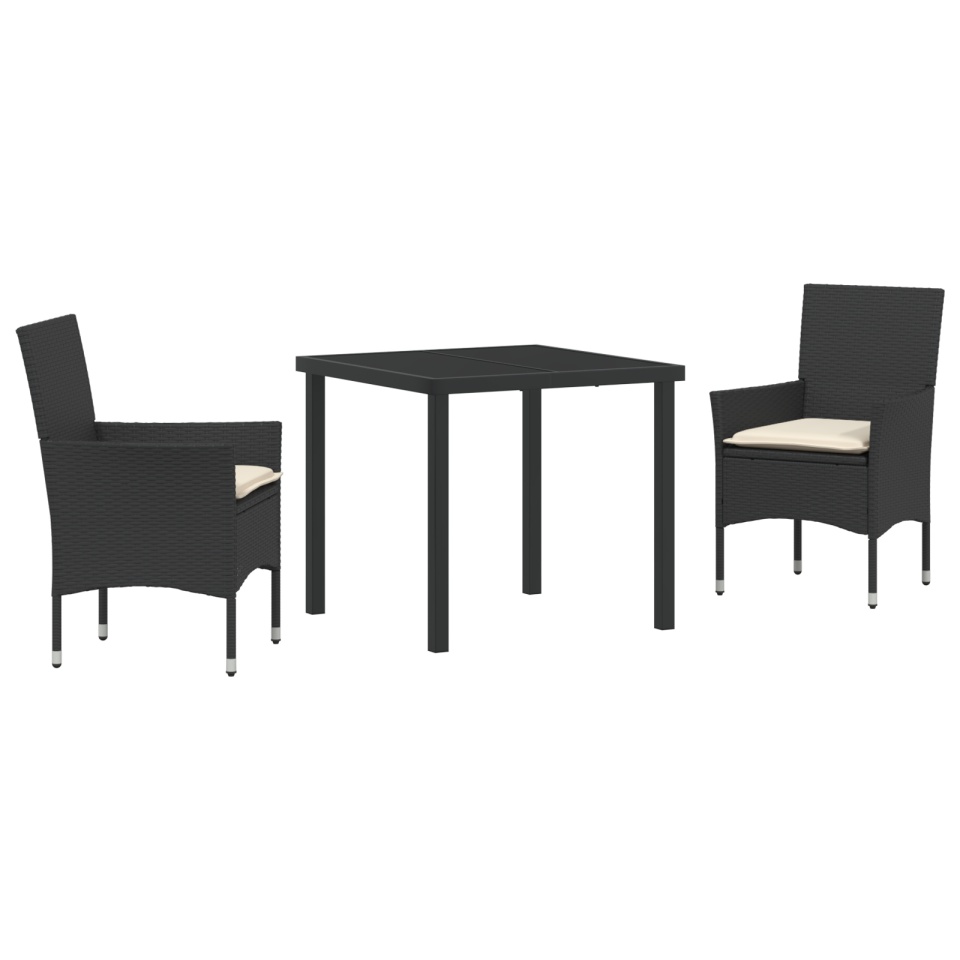Set de Masă pentru Grădină cu Perne Ratan Sintetic Negru, Masa Neagră 80x80x73 cm cu Sticlă Temperată - 1 | YEO