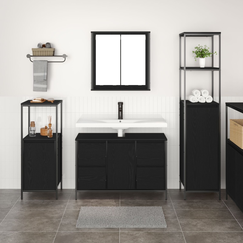 Set de mobilier pentru baie 3 piese - Stejar negru din lemn prelucrat - 3 | YEO