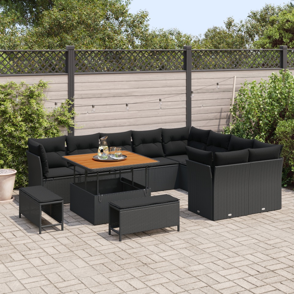 Set de sofa de grădină 12 piese cu perne Negru Poli Ratan Acacia, Set de dining de grădină 3 piese cu perne Negru Poli Ratan Acacia - 2 | YEO