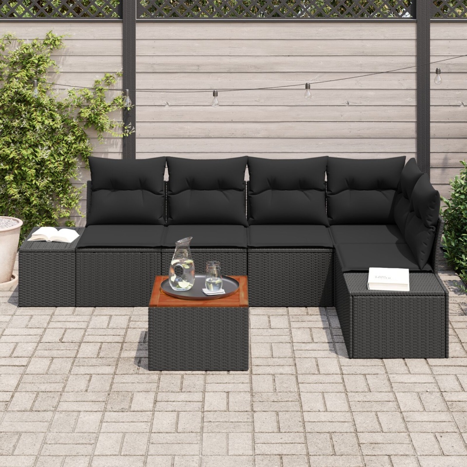 Set de sofa de grădină cu 6 piese și perne negre din poliratan și lemn de acacia - 2 | YEO