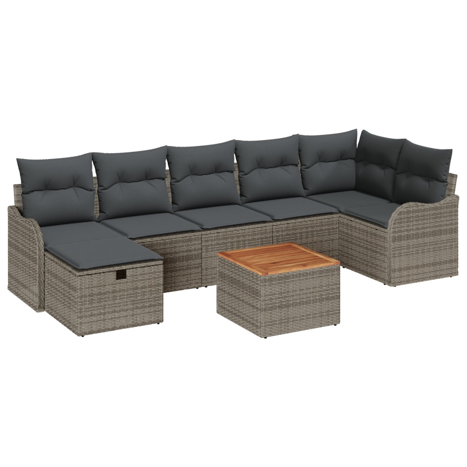Set de Sofa de Grădină cu 8 Piese cu Pernuțe Gri Ratan Polimeric, Sofa de Grădină cu 2 Locuri cu Pernuțe Gri Ratan Polimeric - 1 | YEO