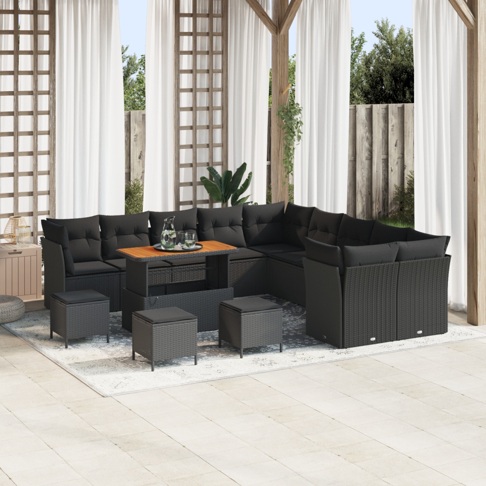 Set de Sofa pentru Grădină de 14 Piese cu Perne Negru Poliratan Acacia, Set de Cină pentru Grădină de 4 Piese cu Perne Negru Poliratan Acacia
