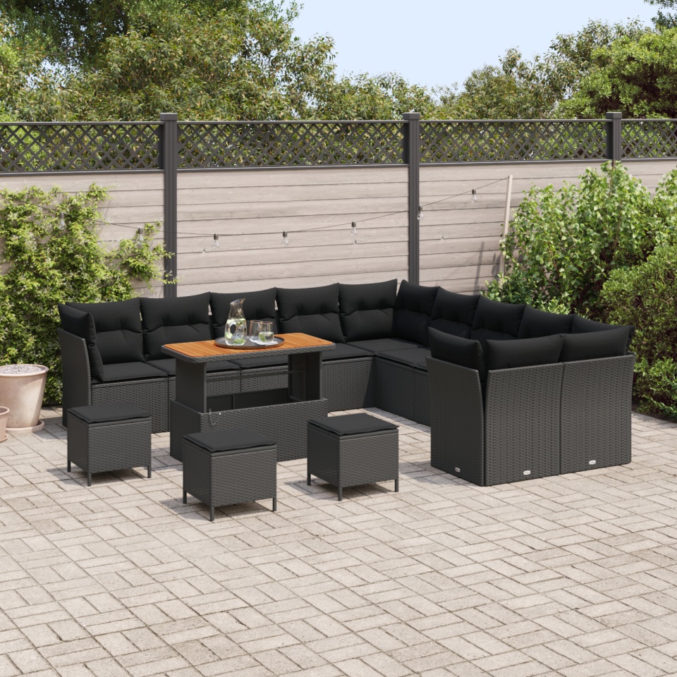 Set de Sofa pentru Grădină de 14 Piese cu Perne Negru Poliratan Acacia, Set de Cină pentru Grădină de 4 Piese cu Perne Negru Poliratan Acacia - 2 | YEO