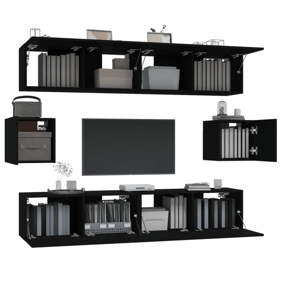 Set dulap TV, 6 piese, negru, lemn prelucrat - 3 | YEO