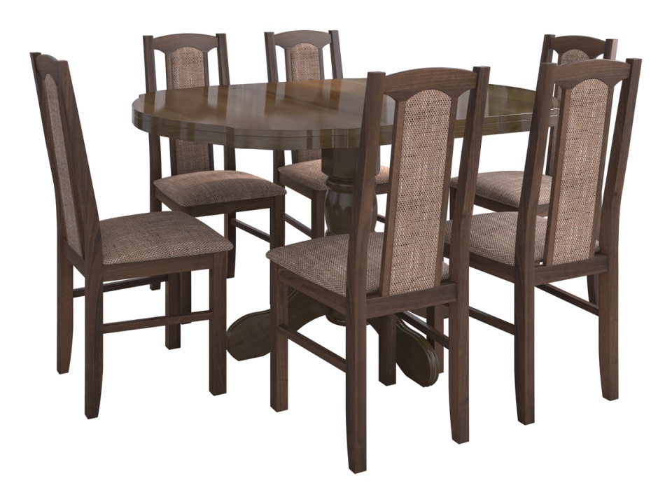 Set masa extensibila Kan 100x135 cm, lemn masiv, culoare nuc, blat din mdf cu 6 scaune tapitate S-37 Boss7 o2, stofa - 1 | YEO