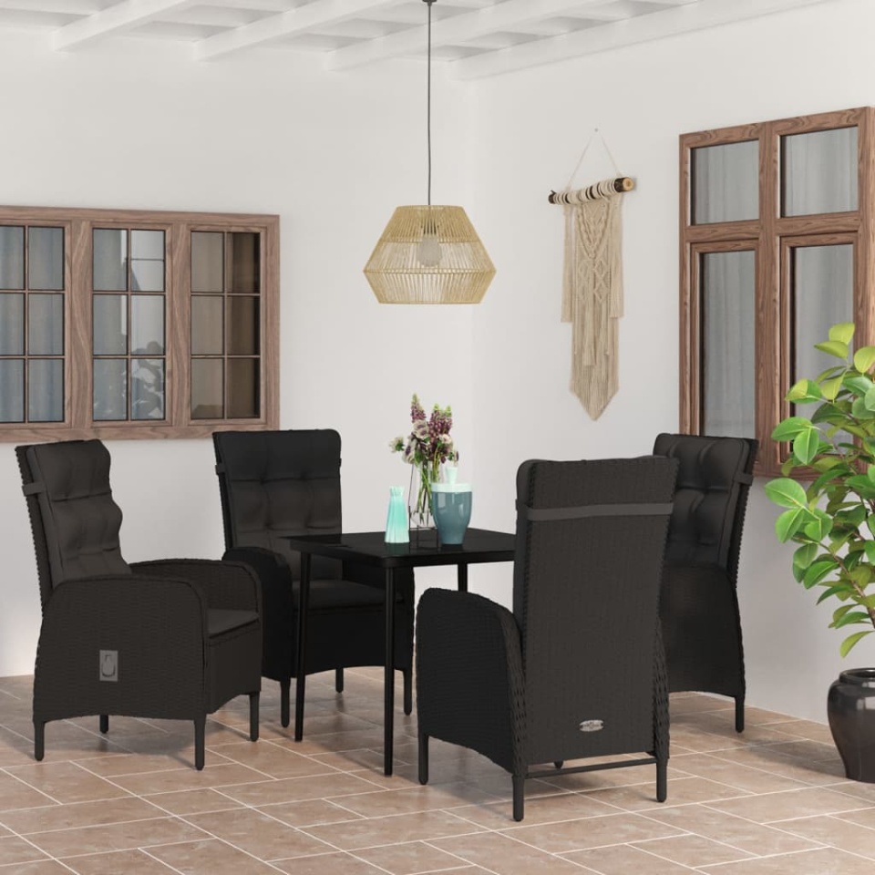 Set masă pentru grădină, 5 piese, cu perne, negru