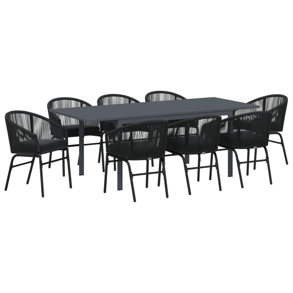 Set mese grădină 10 piese cu perne Negru Poli Rattan, Masă grădină extensibilă Anthracite (140-210)x90x73 cm Oțel - 1 | YEO