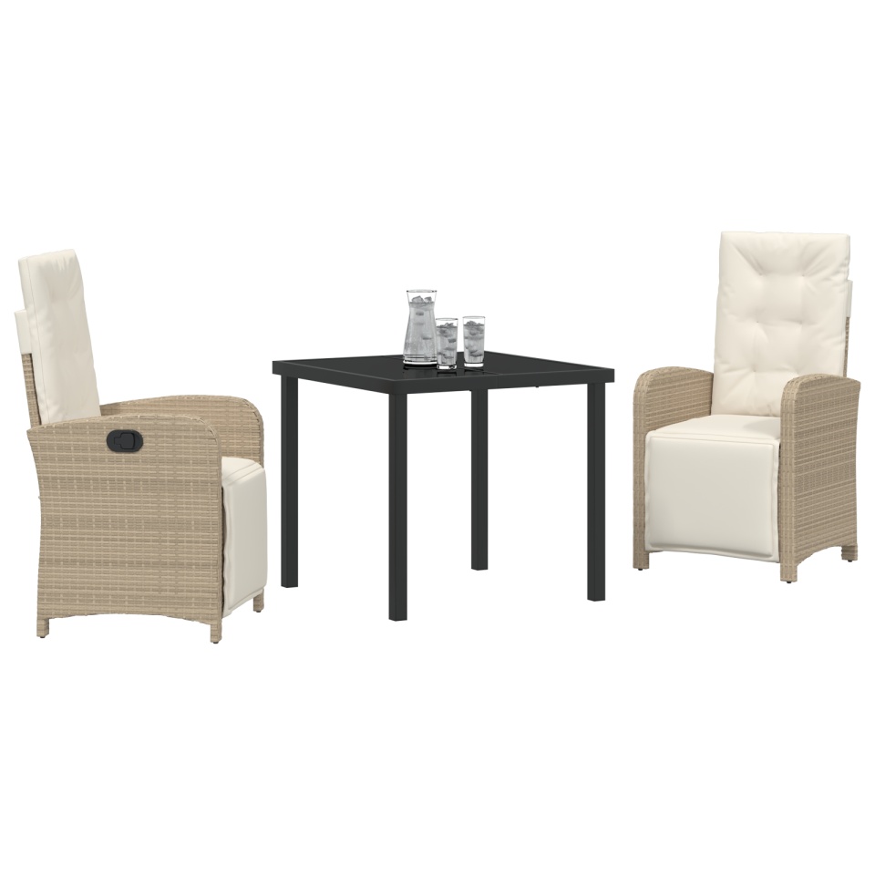Set mese grădină 3 piese cu perne bej din ratan poli, Masă grădină Neagră 80x80x73 cm din sticlă securizată - 2 | YEO