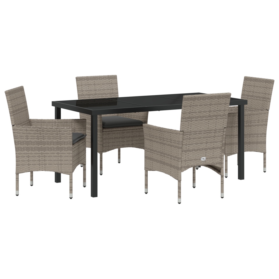 Set mese grădină 5 piese cu perne Ratan gri poli, Masă Black 160x80x73 cm din sticlă securizată - 1 | YEO