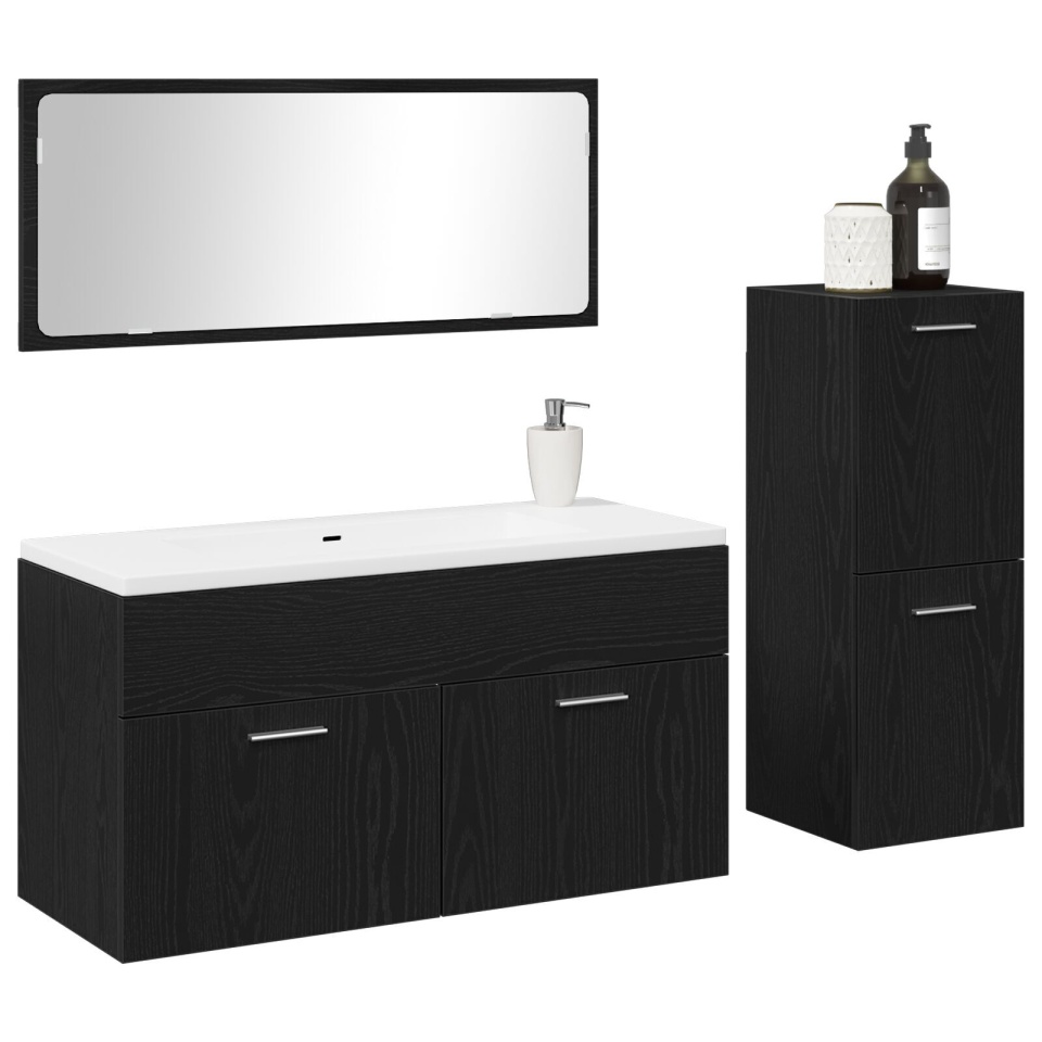Set Mobilier Baie 3 Piese Negru Stejar Lemn Ingineresc - 2 | YEO