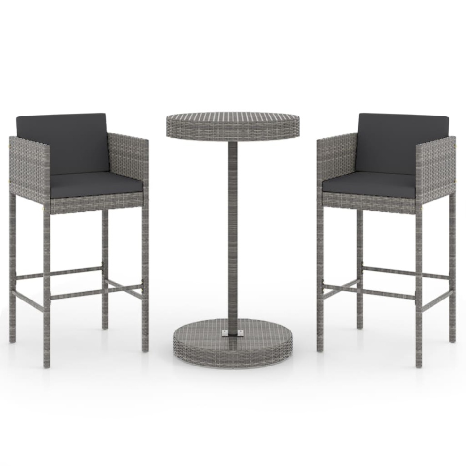 Set mobilier bar de grădină, cu perne, 3 piese, gri, poliratan - 1 | YEO