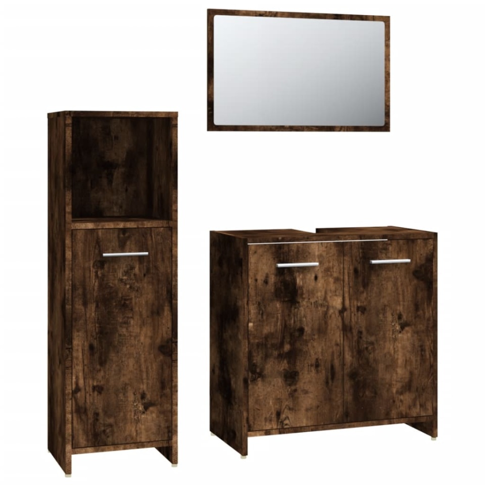 Set mobilier de baie, 3 piese, stejar fumuriu, lemn prelucrat - 1 | YEO