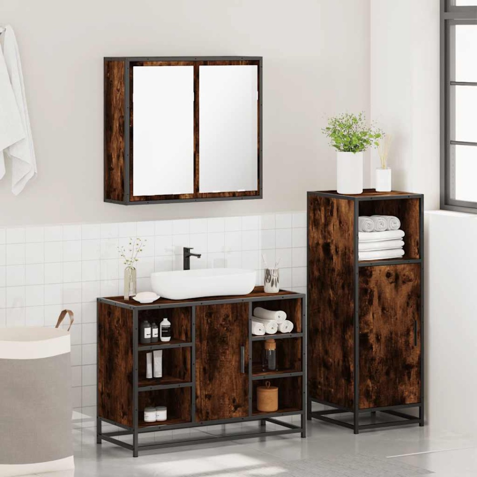 Set mobilier de baie, 3 piese, stejar fumuriu, lemn prelucrat - 3 | YEO
