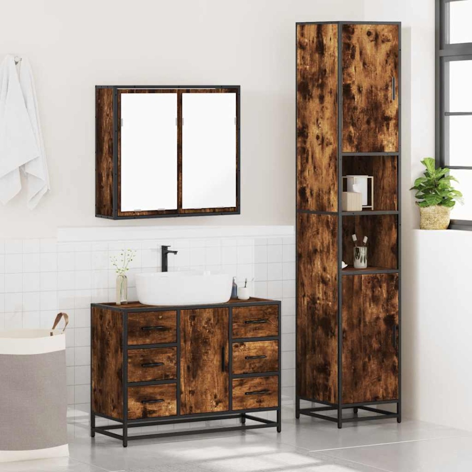 Set mobilier de baie, 3 piese, stejar fumuriu, lemn prelucrat - 3 | YEO