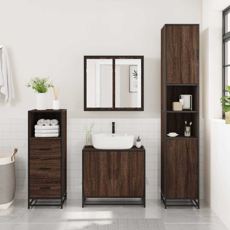 Set mobilier de baie, 3 piese, stejar maro, lemn prelucrat - 2 | YEO