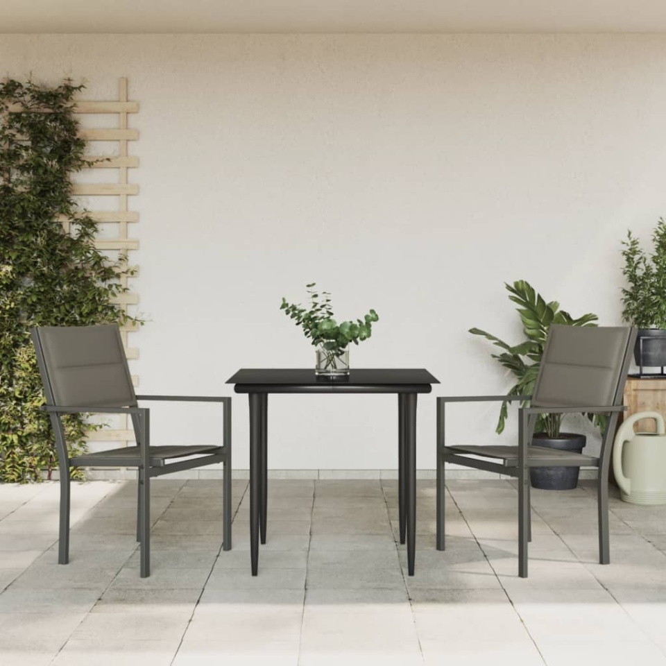 Set mobilier de grădină, 3 piese, negru, textilenă și oțel