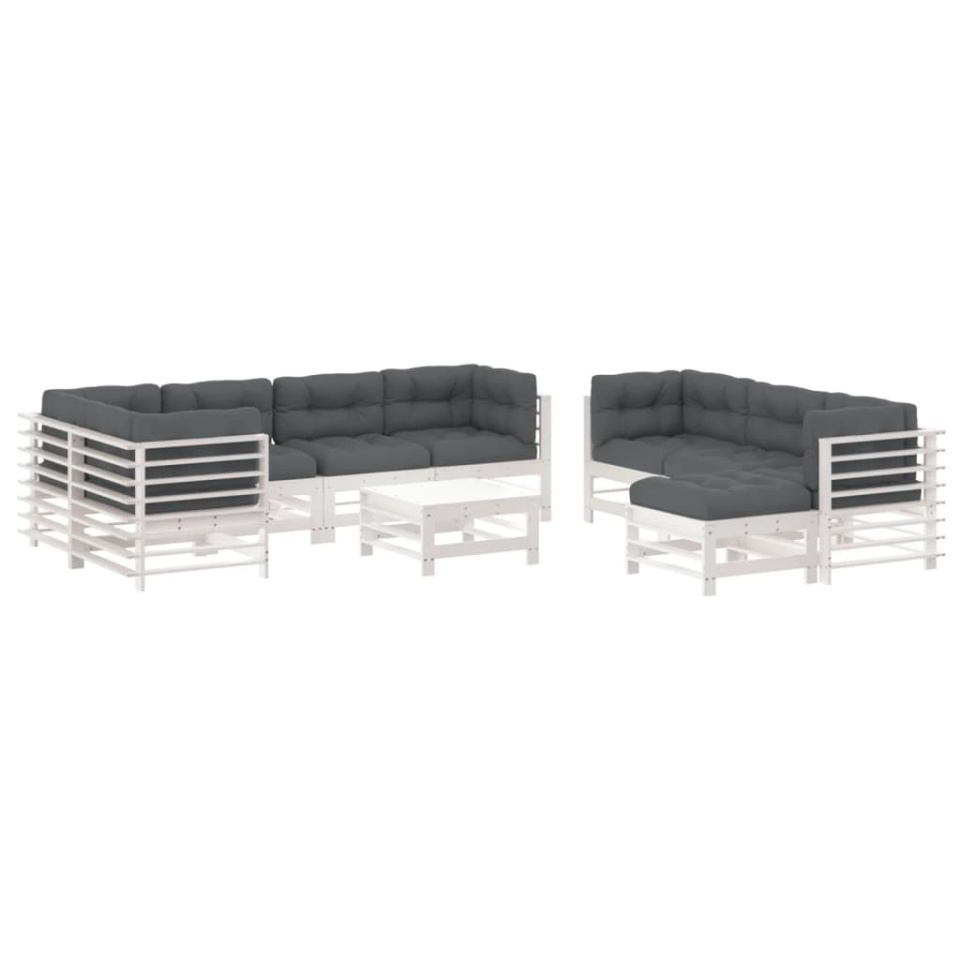 Set mobilier de grădină cu perne, 10 piese, alb, lemn masiv - 1 | YEO