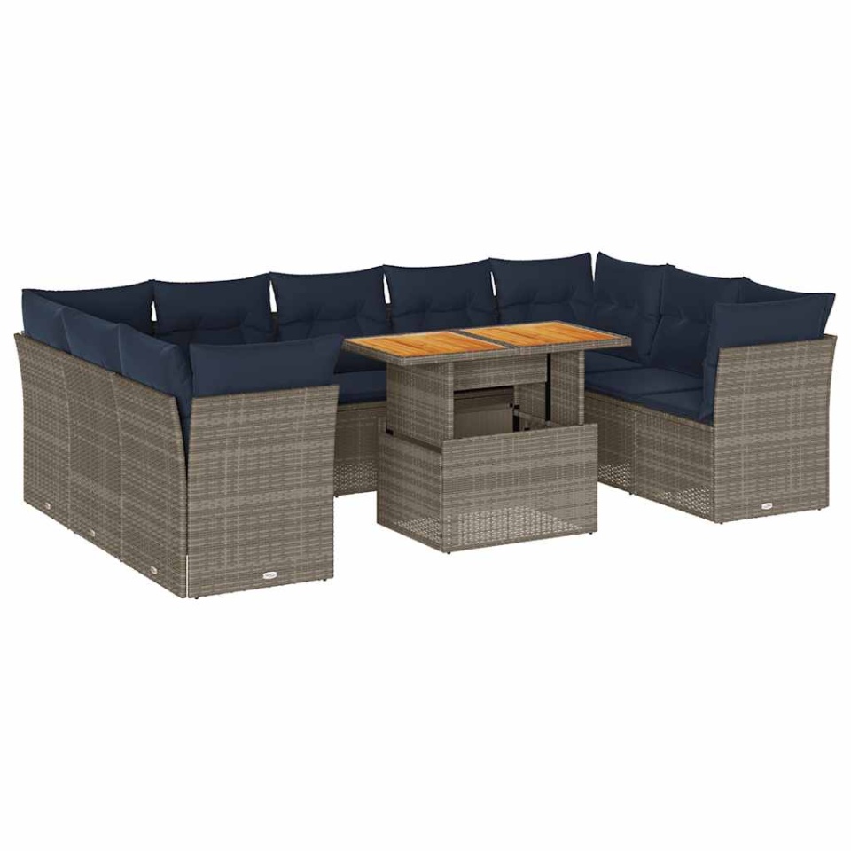 Set mobilier de grădină cu perne, 10 piese, gri, poliratan - 1 | YEO