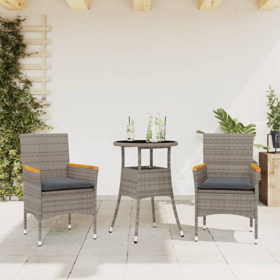 Set mobilier de grădină cu perne 3 piese gri poliratan & sticlă