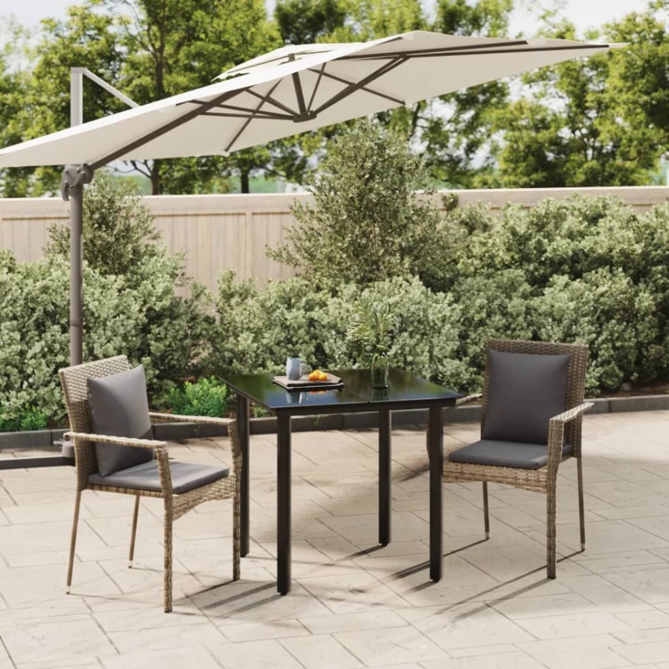 Set mobilier de grădină cu perne, 3 piese, negru/gri, poliratan