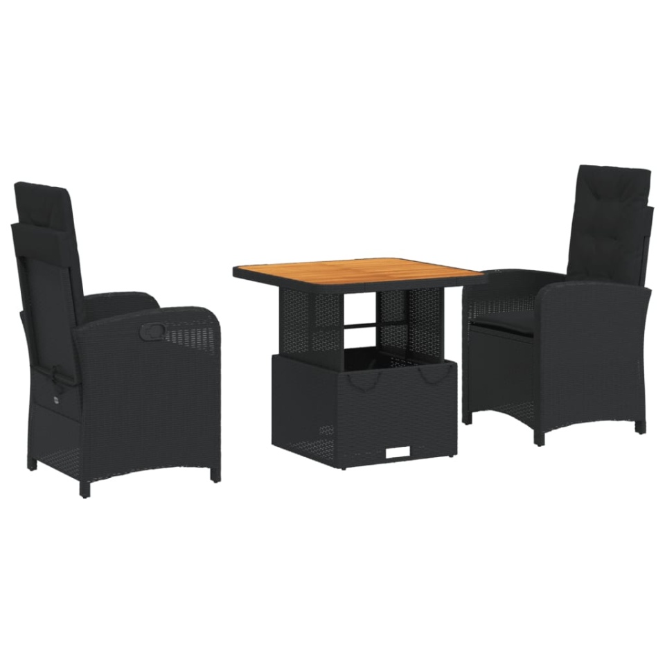 Set mobilier de grădină cu perne, 3 piese, negru, poliratan - 1 | YEO