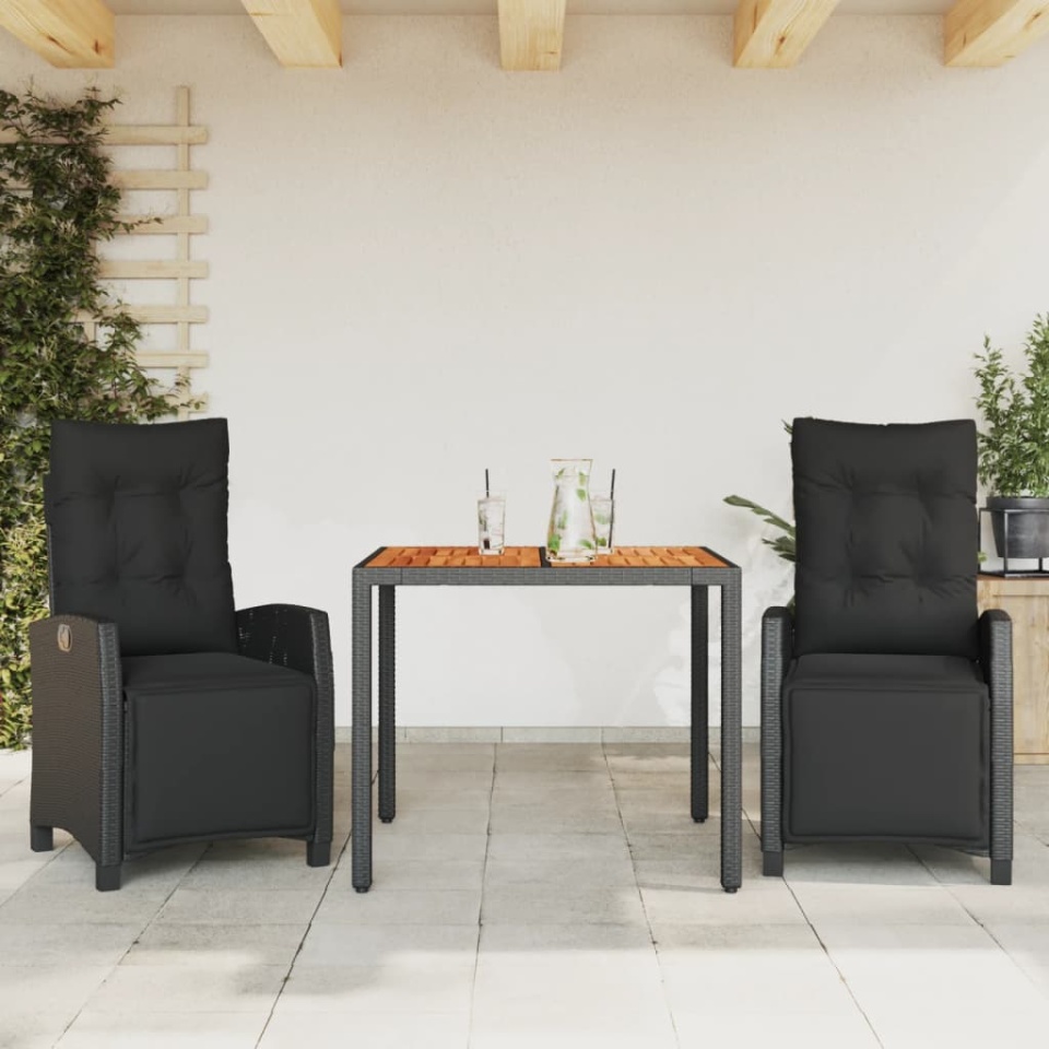 Set mobilier de grădină cu perne, 3 piese, negru, poliratan