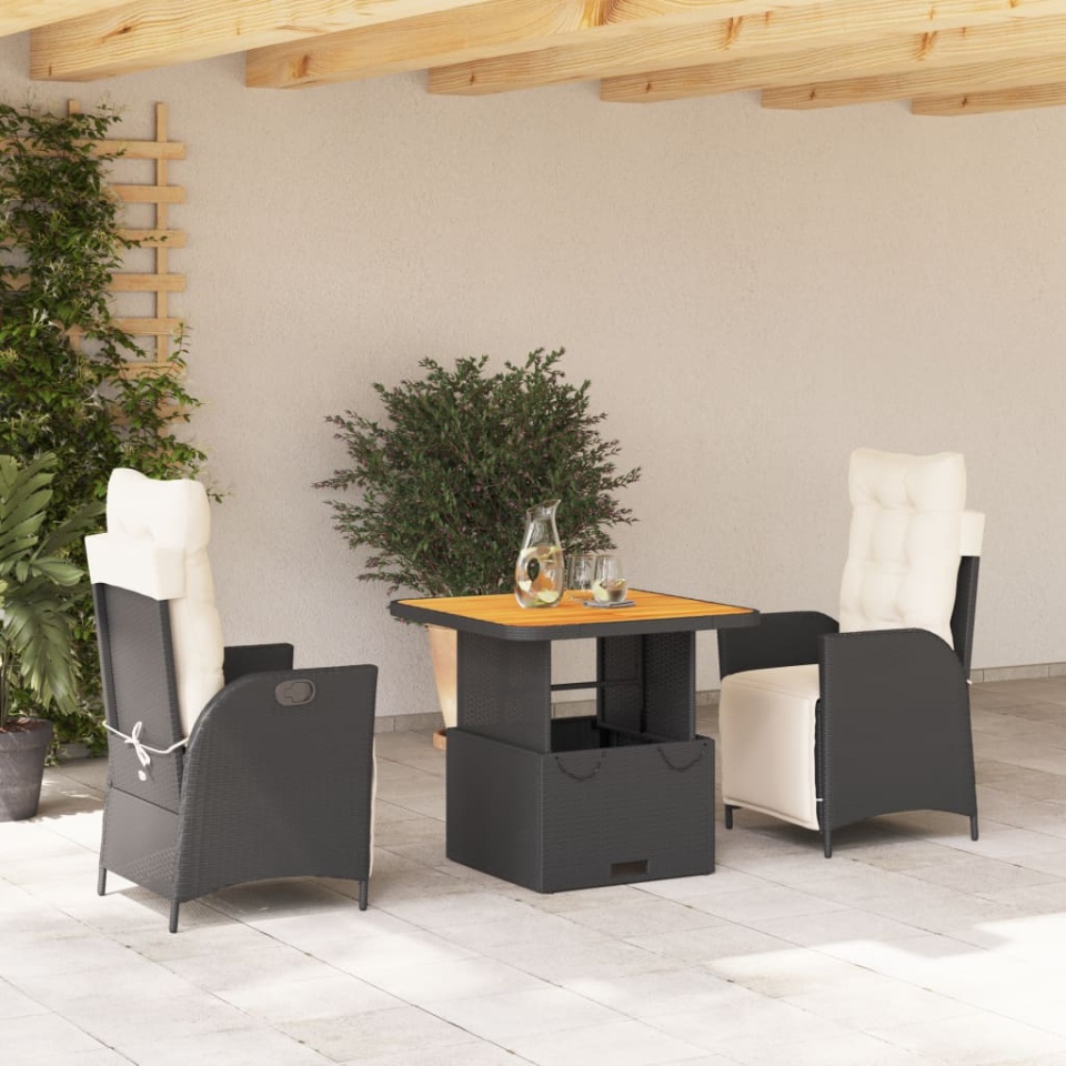 Set mobilier de grădină cu perne, 3 piese, negru, poliratan