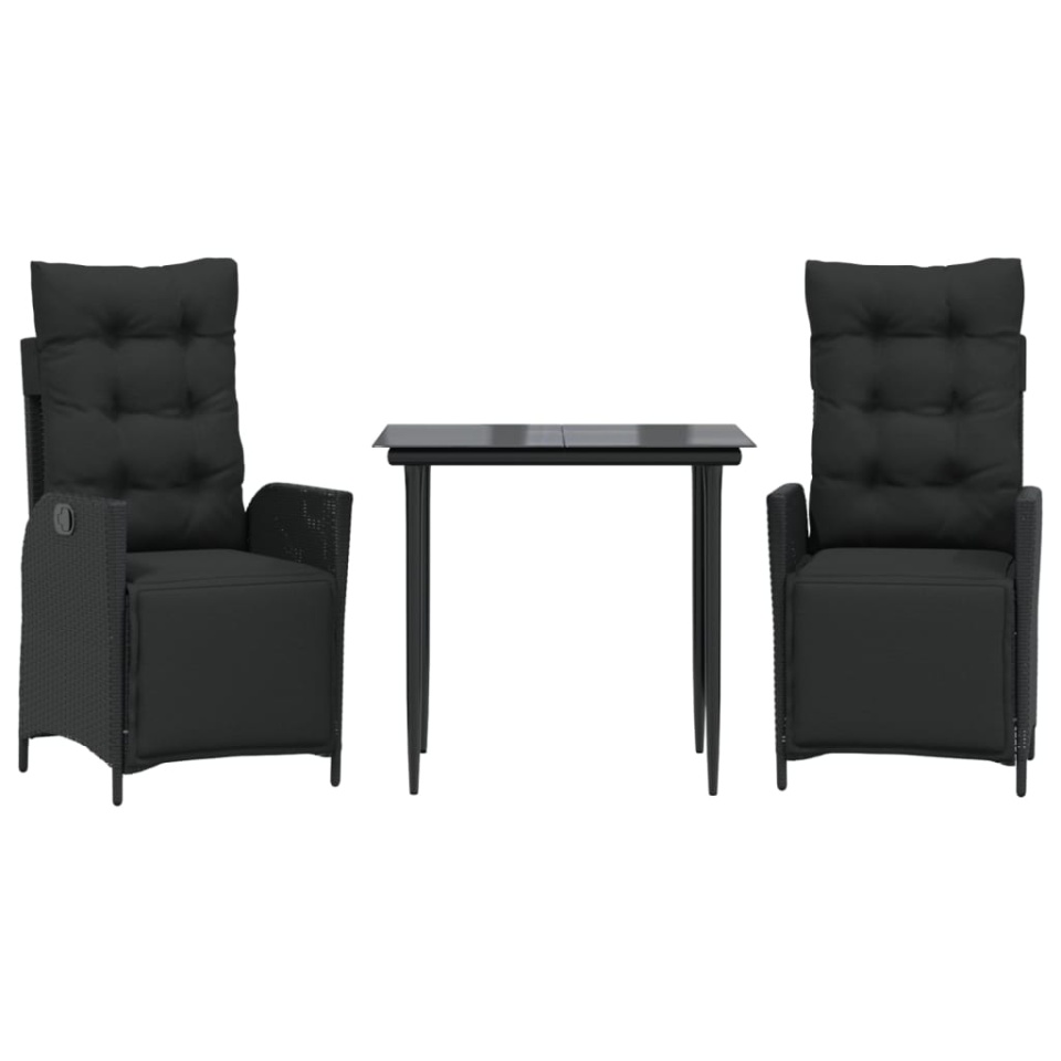 Set mobilier de grădină cu perne, 3 piese, negru, poliratan - 1 | YEO
