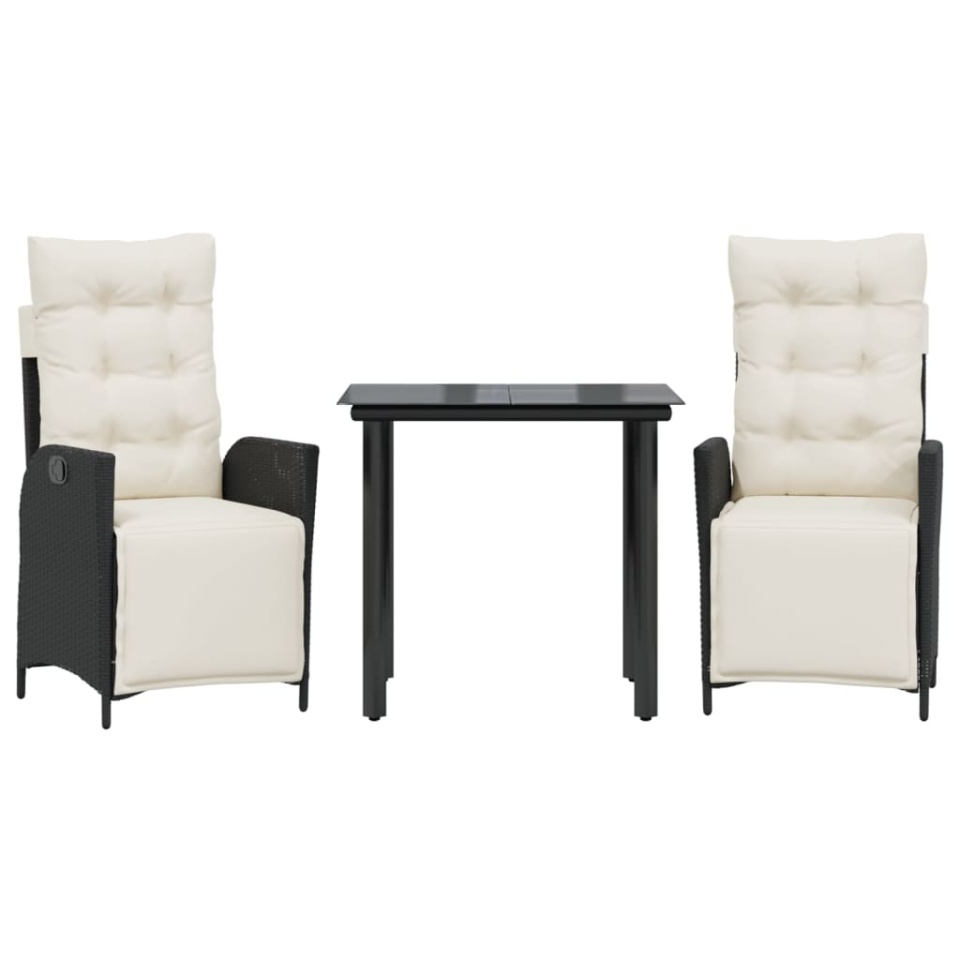 Set mobilier de grădină cu perne, 3 piese, negru, poliratan - 1 | YEO