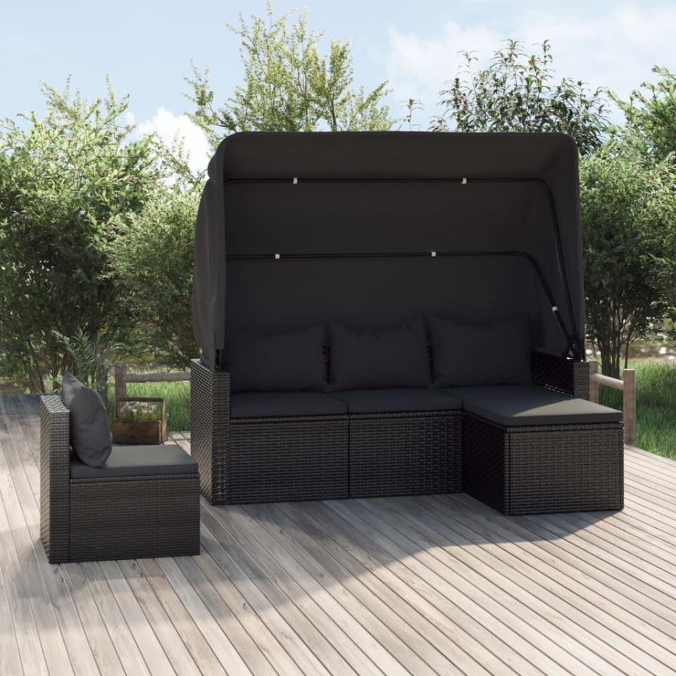 Set mobilier de grădină cu perne, 4 piese, negru, poliratan
