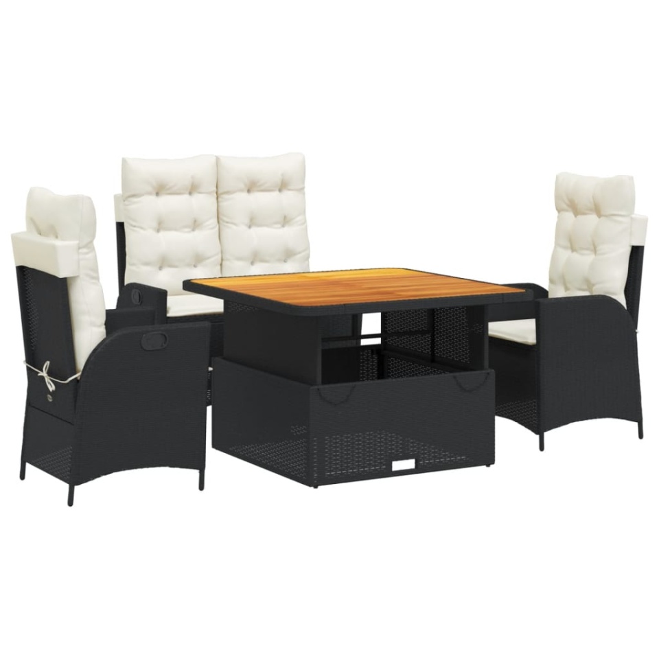 Set mobilier de grădină cu perne, 4 piese, negru, poliratan - 1 | YEO