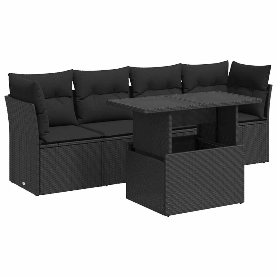 Set mobilier de grădină cu perne, 5 piese, negru, poliratan - 1 | YEO