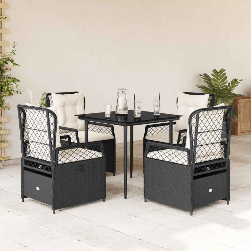 Set mobilier de grădină cu perne, 5 piese, negru, poliratan