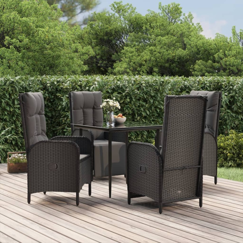 Set mobilier de grădină cu perne, 5 piese, negru, poliratan