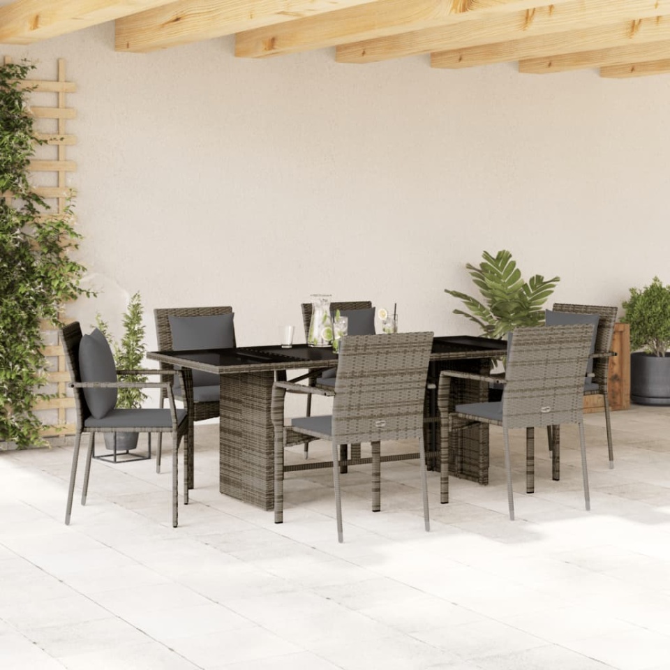 Set mobilier de grădină cu perne, 7 piese, gri, poliratan