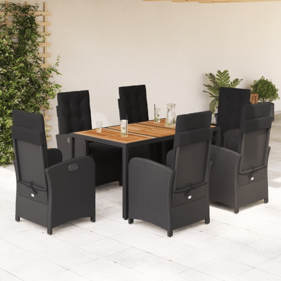Set mobilier de grădină cu perne, 7 piese, negru, poliratan