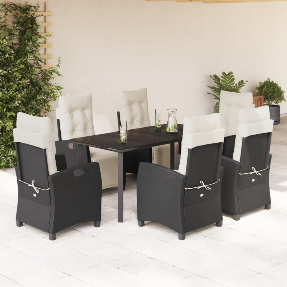 Set mobilier de grădină cu perne, 7 piese, negru, poliratan