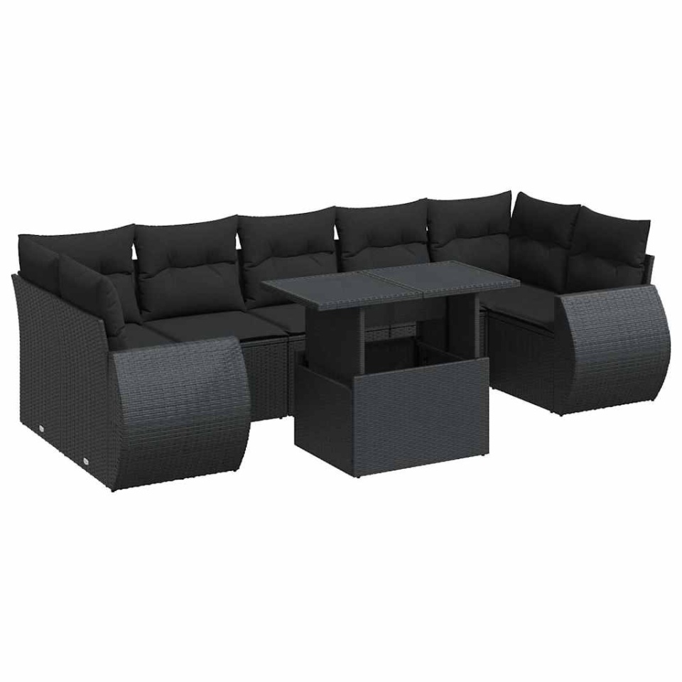 Set mobilier de grădină cu perne, 8 piese, negru, poliratan - 1 | YEO