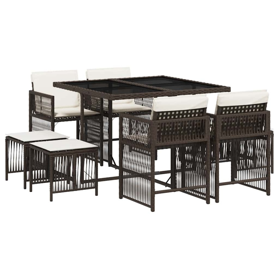 Set mobilier de grădină cu perne, 9 piese, maro, poliratan - 1 | YEO