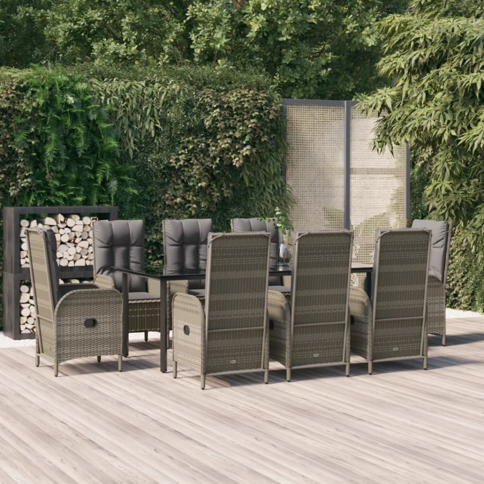 Set mobilier de grădină cu perne, 9 piese, negru/gri, poliratan