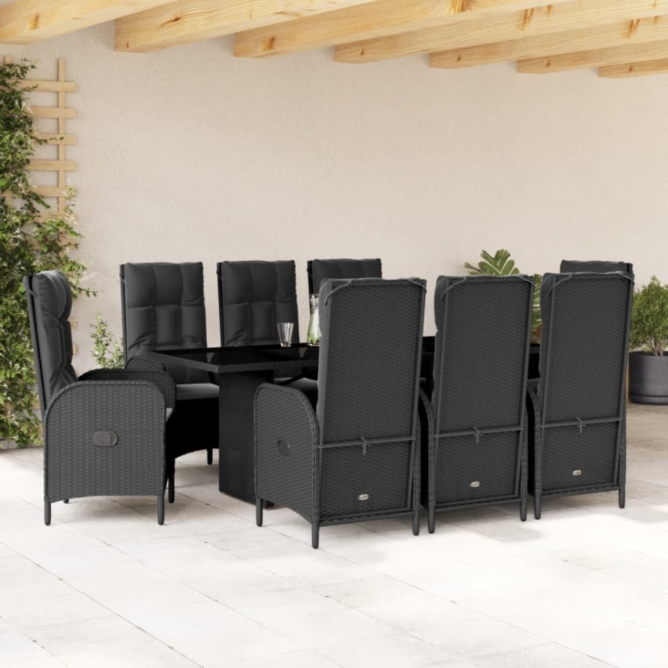 Set mobilier de grădină cu perne, 9 piese, negru, poliratan