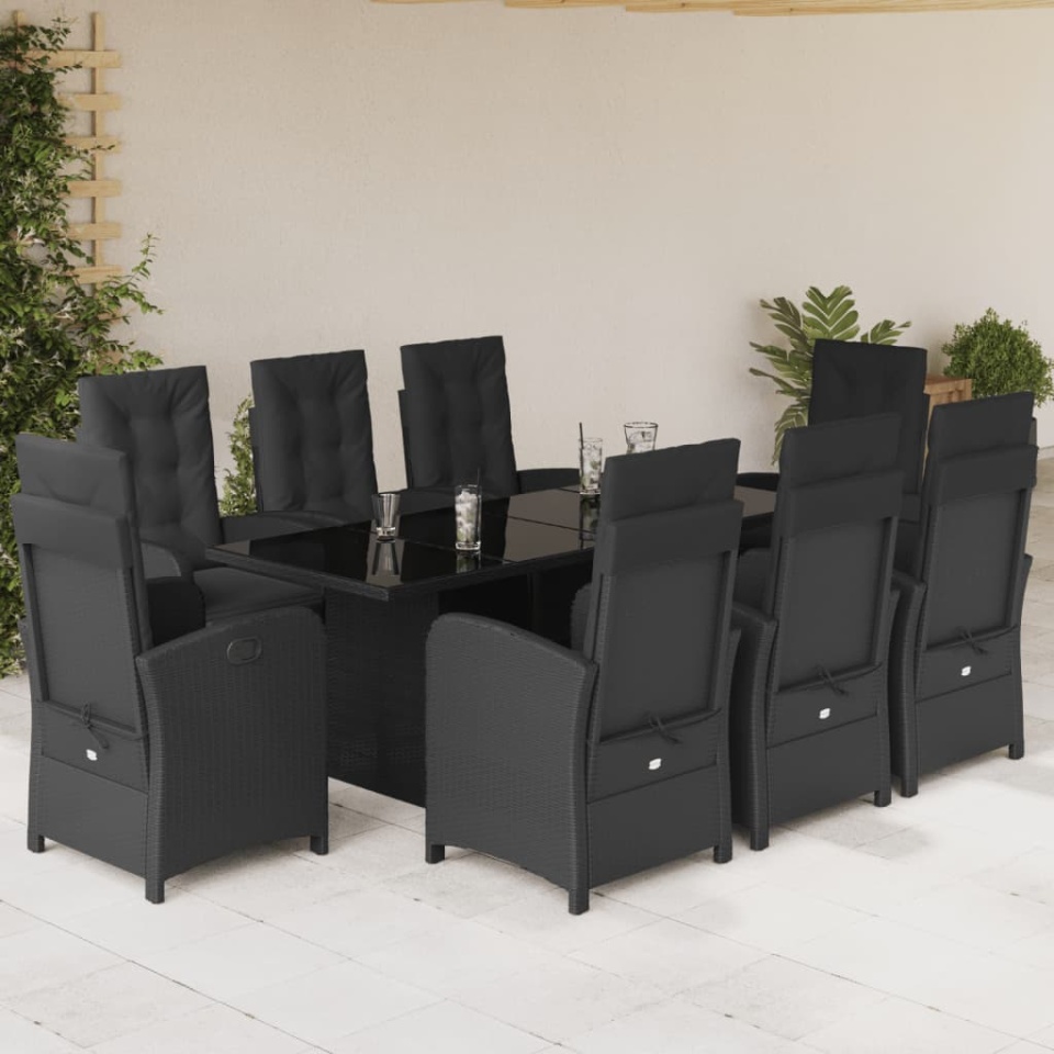 Set mobilier de grădină cu perne, 9 piese, negru, poliratan