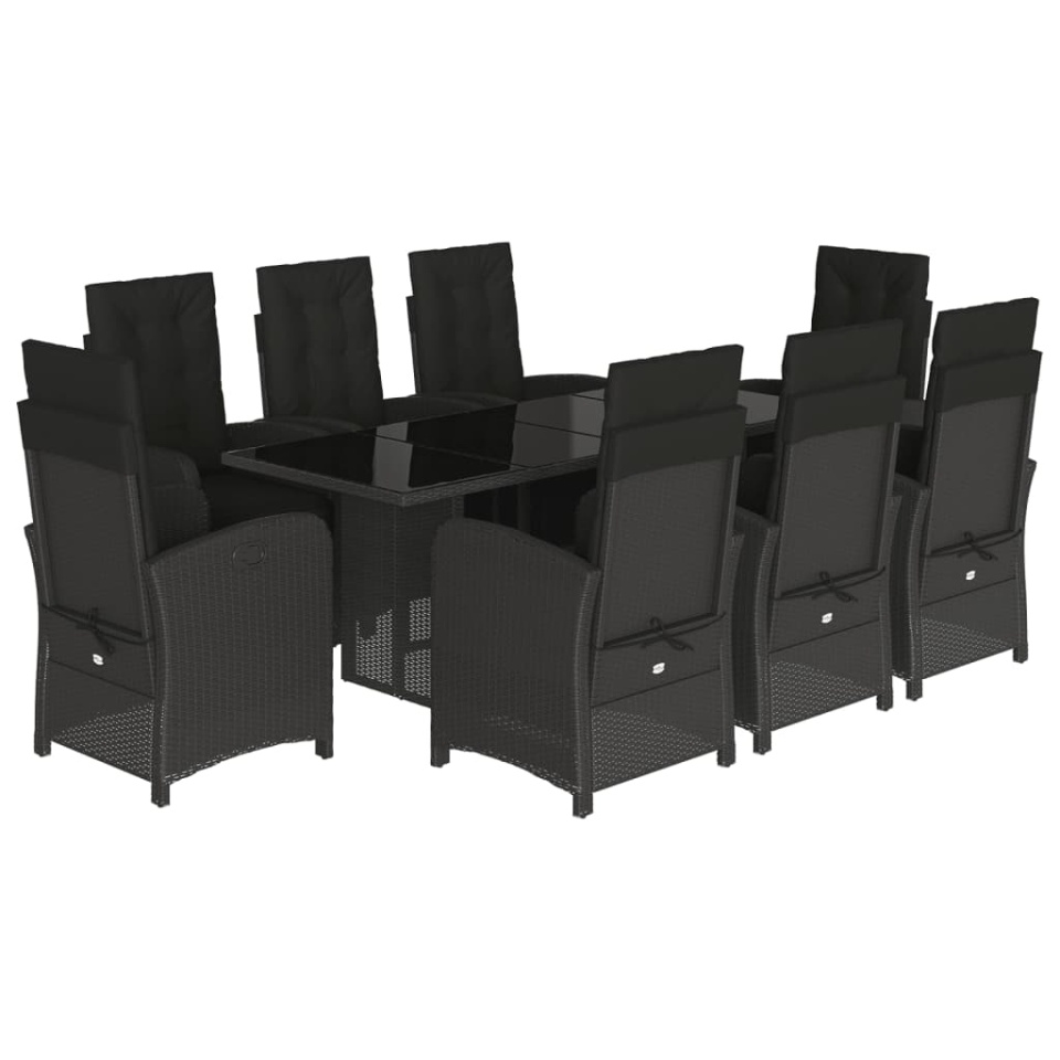 Set mobilier de grădină cu perne, 9 piese, negru, poliratan - 1 | YEO