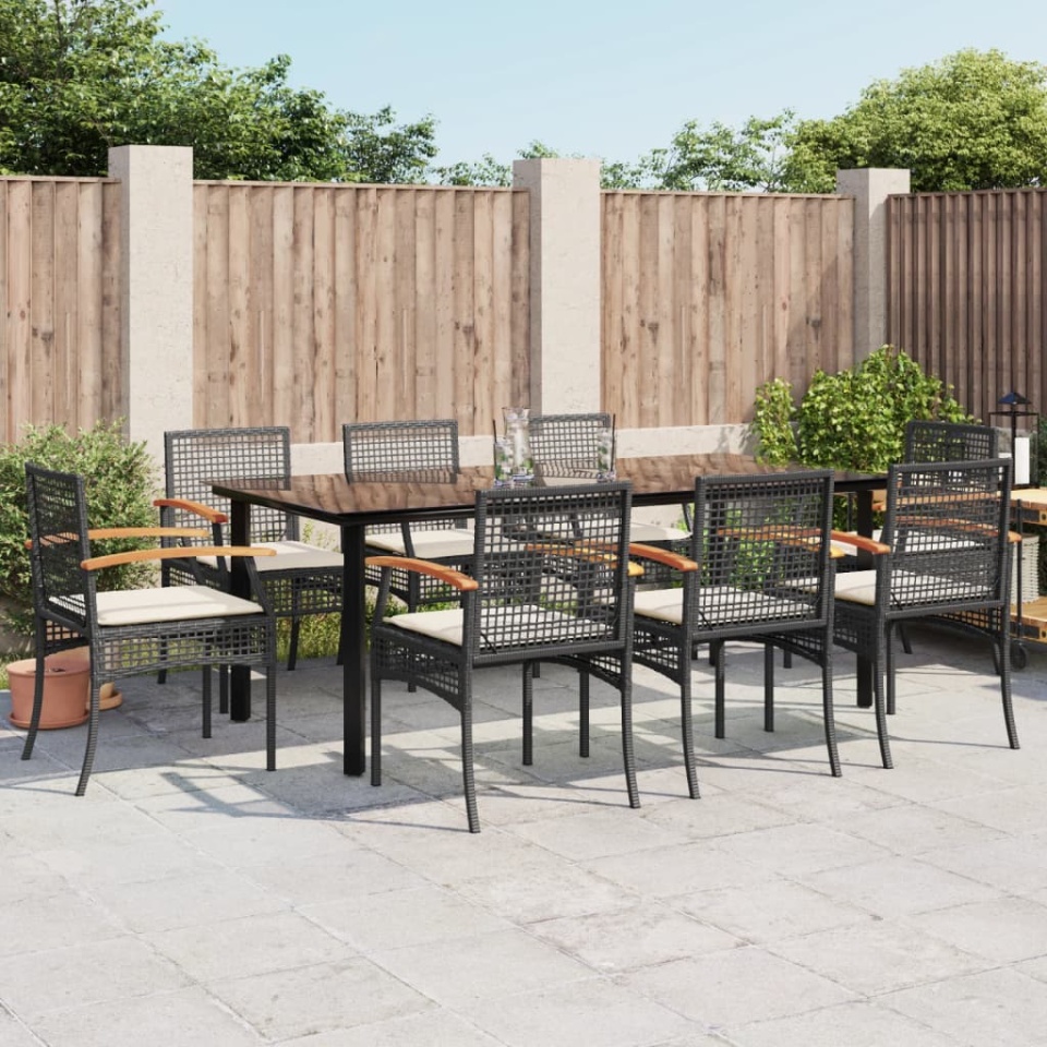 Set mobilier de grădină cu perne, 9 piese, negru, poliratan