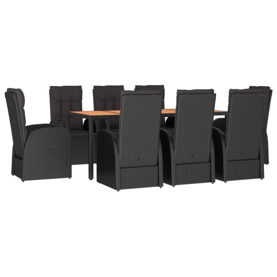 Set mobilier de grădină cu perne, 9 piese, negru, poliratan - 2 | YEO